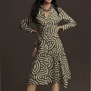 Anthropologie Long-Sleeve Poplin Green Shirt Dress Geometric Patterned Sz. 4